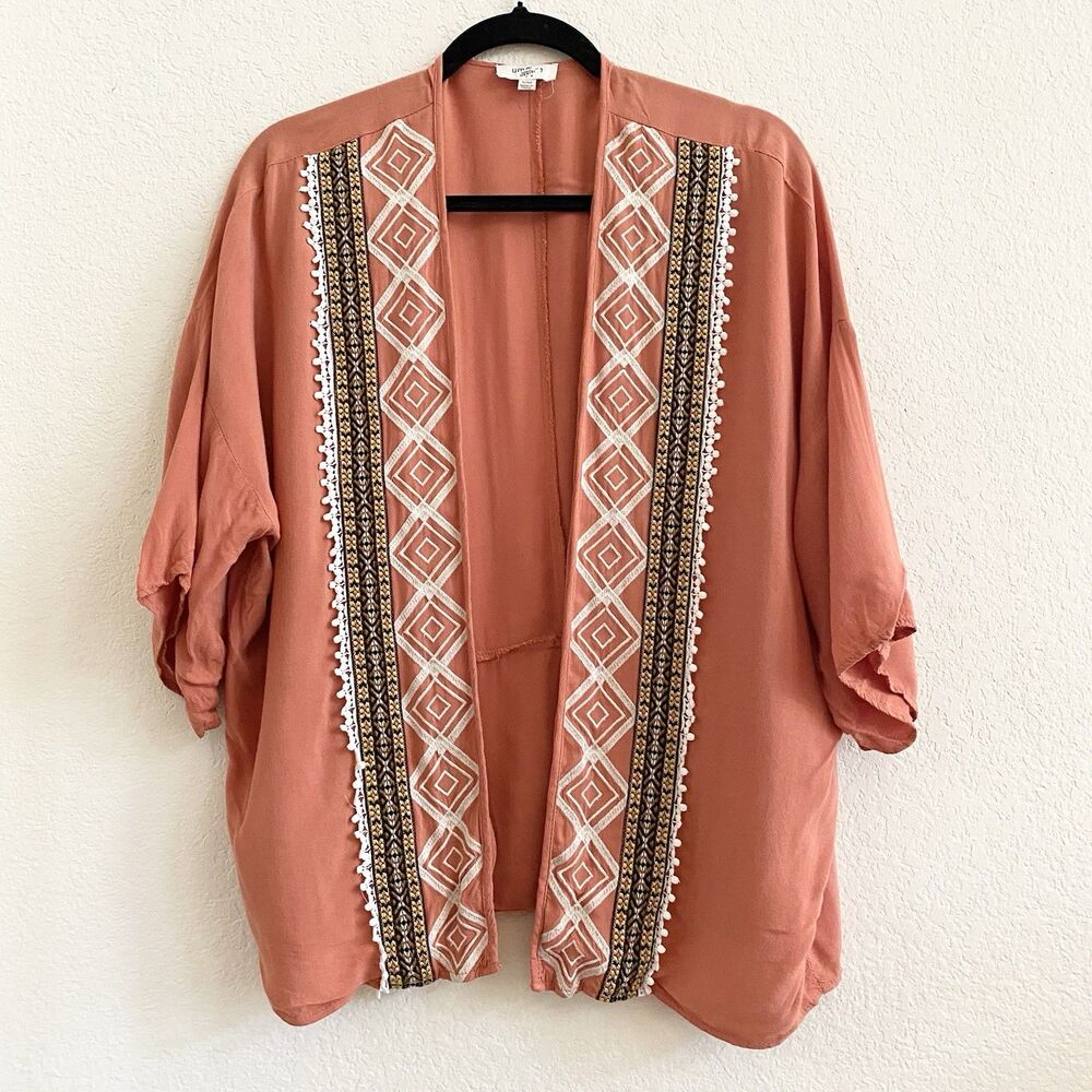 Umgee Women’s Embroidered Burnt Orange Aztec Geometric Kimono Topper Size SM